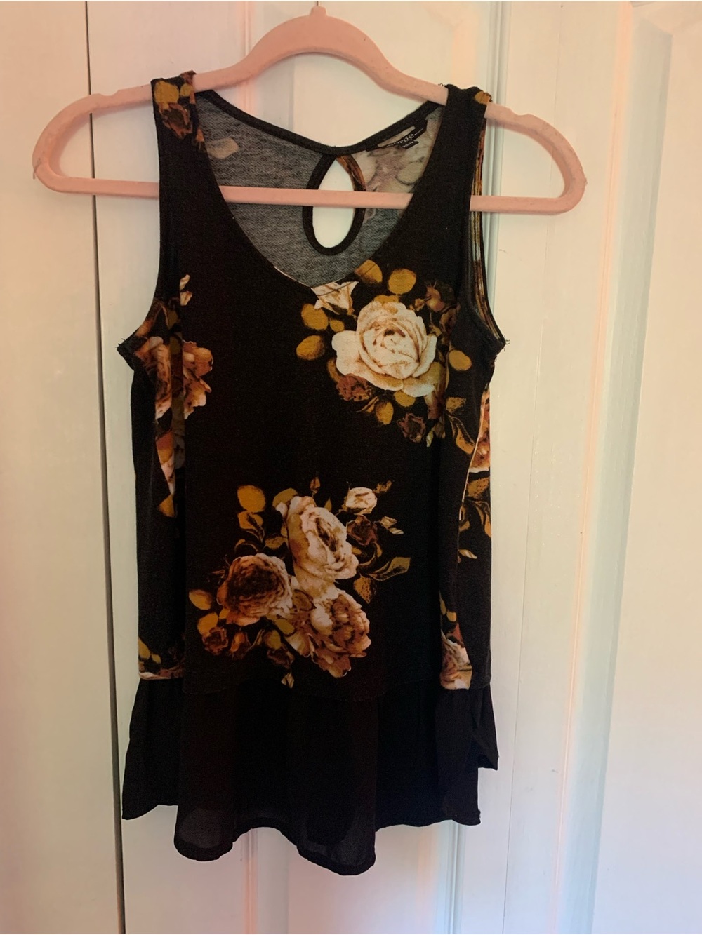 George XS Floral Sleeveless Layered Hem Blouse Black Cream Tank Top